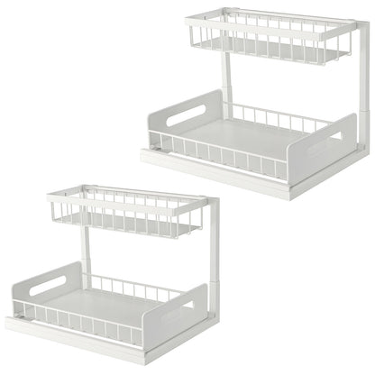 Organizator Multifunctional Elindor® 2 Nivele, pe Blat / in Dulap sub Chiuveta, Sertar Glisant, Suport Metalic Organizare, Ideal pentru Bucatarie, Baie, Camara, Bar, Raft cu Sertare Depozitare Legume, Fructe, Detergenti, Parfumuri, 36 x 27 x 28.5, Alb