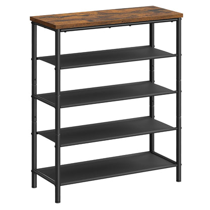 Organizator pentru Pantofi Elindor® Pantofar cu 5 Nivele Mari, Fara Gauri, Suport Metalic pentru Papuci, Dulap Hol, Dormitor, Economisire Spatiu, Depozitare Incaltaminte, 75 x 30 x 91 cm, Negru/Maro