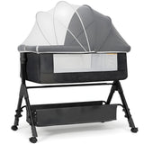 Patut Pliabil Bebelusi Elindor® 3-in-1, pentru Copii 0-36 luni, Leagan Bebe pe 2 Etaje, Cos Depozitare, 3 Trepte de Inaltime Reglabila, Plasa Laterala, Geanta Transport Calatorie, Roti cu Sistem Blocare, Saltea Integrata, Greutate Maxima 15 kg, Gri Inchis