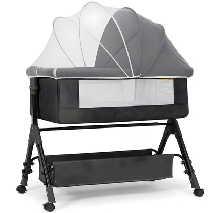 Patut Pliabil Bebelusi Elindor® 3-in-1, pentru Copii 0-36 luni, Leagan Bebe pe 2 Etaje, Cos Depozitare, 3 Trepte de Inaltime Reglabila, Plasa Laterala, Geanta Transport Calatorie, Roti cu Sistem Blocare, Saltea Integrata, Greutate Maxima 15 kg, Gri Inchis