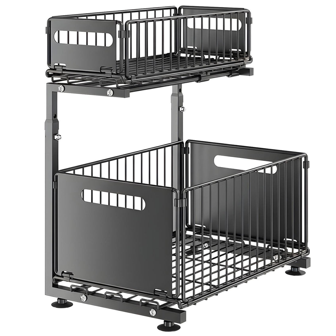 Organizator Elindor® cu 2 Nivele, Recipient de Depozitare Multifunctional si Glisant, Organizator pentru Dulapul de sub Chiuveta din Baie si Bucatarie, 38 × 26.5 × 41–48.5 cm, Negru