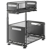 Organizator Elindor® cu 2 Nivele, Recipient de Depozitare Multifunctional si Glisant, Organizator pentru Dulapul de sub Chiuveta din Baie si Bucatarie, 38 × 26.5 × 41–48.5 cm, Negru