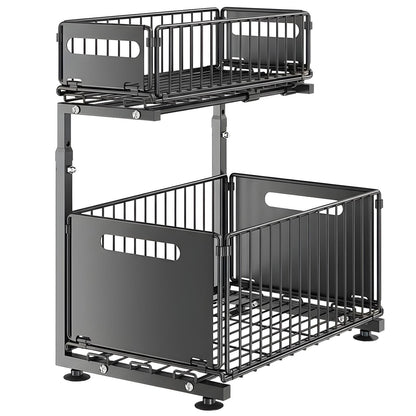 Organizator Elindor® cu 2 Nivele, Recipient de Depozitare Multifunctional si Glisant, Organizator pentru Dulapul de sub Chiuveta din Baie si Bucatarie, 38 × 26.5 × 41–48.5 cm, Negru