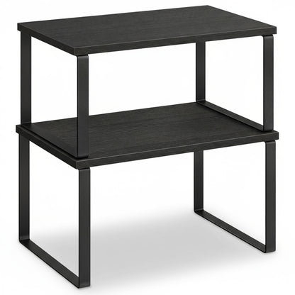 Set 2 Rafturi Elindor® din Bambus, Raft Extensibil si Suprapus pentru Bucatarie, Organizator Metalic Reglabil, Ideal ca Etajera Depozitare in Camara sau Birou, Perfect pentru Condimente, Vesela, Farfurii, Stabil si Compact, Polita pentru Obiecte, Negru