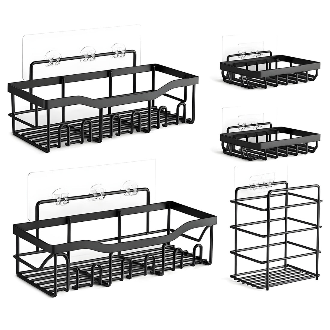 Set 5 Rafturi de Dus Elindor® Polita cu Adeziv, Etajera de Baie pentru Colt, Raft cu Carlige, din Otel Carbon, Suport Prosop si Sapun, Organizator Baie sau Etajere Depozitare in Bucatarie, Accesorii, 14 × 32.3 × 10.5 cm, Negru