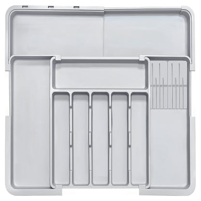 Organizator Extensibil Elindor® pentru Tacamuri si Ustensile de Bucatarie, 9 Compartimente, Sertar Extensibil 36.8-48.3 cm si 33.5 – 55.9 cm, Suport Ajustabil pentru Cutite, Linguri, Furculite, Gri