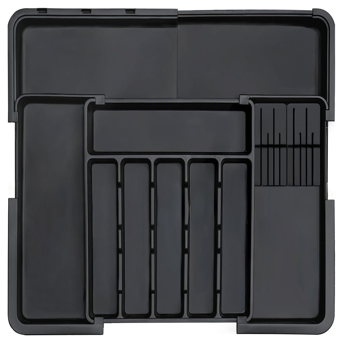 Organizator Extensibil Elindor® pentru Tacamuri si Ustensile de Bucatarie, 9 Compartimente, Sertar Extensibil 36.8-48.3 cm si 33.5 – 55.9 cm, Suport Ajustabil pentru Cutite, Linguri, Furculite, Negru