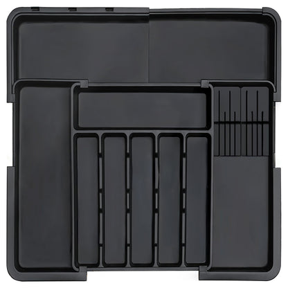 Organizator Extensibil Elindor® pentru Tacamuri si Ustensile de Bucatarie, 9 Compartimente, Sertar Extensibil 36.8-48.3 cm si 33.5 – 55.9 cm, Suport Ajustabil pentru Cutite, Linguri, Furculite, Negru