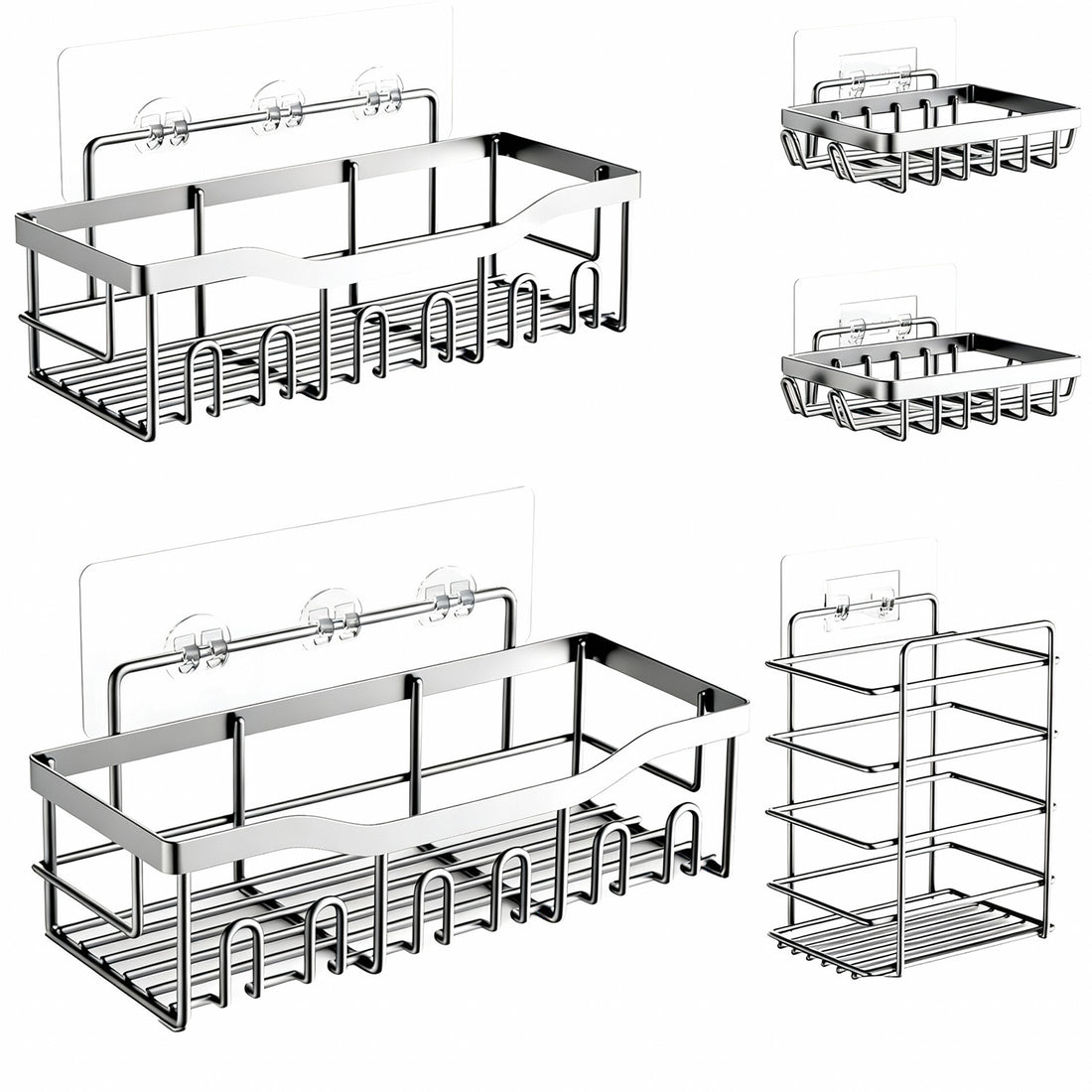 Set 5 Rafturi de Dus Elindor® Polita cu Adeziv, Etajera de Baie, Raft cu Carlige, din Otel Inoxidabil, Suport Prosop si Sapun, Organizator Baie sau Etajere Depozitare in Bucatarie, Accesorii Sanitare, Argintiu