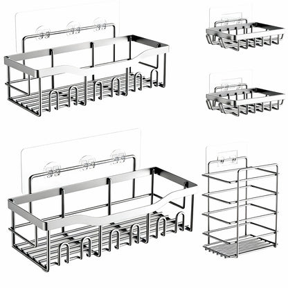 Set 5 Rafturi de Dus Elindor® Polita cu Adeziv, Etajera de Baie, Raft cu Carlige, din Otel Inoxidabil, Suport Prosop si Sapun, Organizator Baie sau Etajere Depozitare in Bucatarie, Accesorii Sanitare, Argintiu