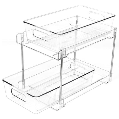 Organizator Transparente Elindor® cu 2 Nivele, Recipient de Depozitare Multifunctional si Glisant, Organizator pentru Dulapul de sub Chiuveta din Baie si Bucatarie, 30 × 19 × 25.5 cm, Acrilic
