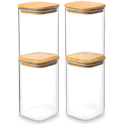 Set 4 Borcane din Sticla Elindor® cu Capac Ermetic din Bambus, Borcan 1100 ml Ideal pentru Miere, Dulceata, Condimente, Cafea, Zahari, Recipient Depozitare in Bucatarie, Transparent