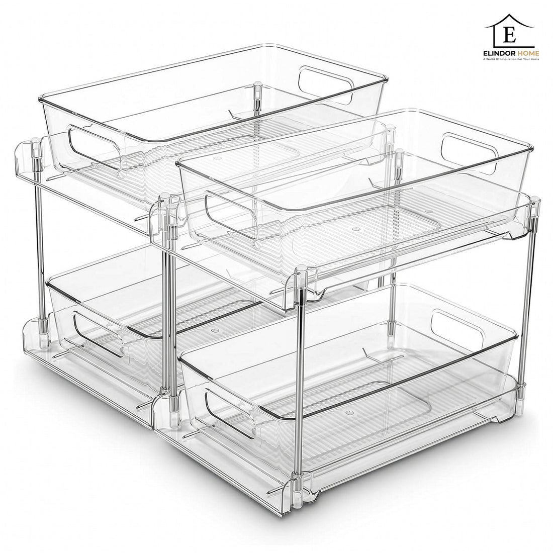 Set 2 Organizatoare Transparente Elindor® cu 2 Nivele, Recipient de Depozitare Multifunctional si Glisant, Organizator pentru Dulapul de sub Chiuveta din Baie si Bucatarie, 30 × 19 × 25.5 cm