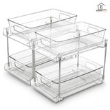 Set 2 Organizatoare Transparente Elindor® cu 2 Nivele, Recipient de Depozitare Multifunctional si Glisant, Organizator pentru Dulapul de sub Chiuveta din Baie si Bucatarie, 30 × 19 × 25.5 cm
