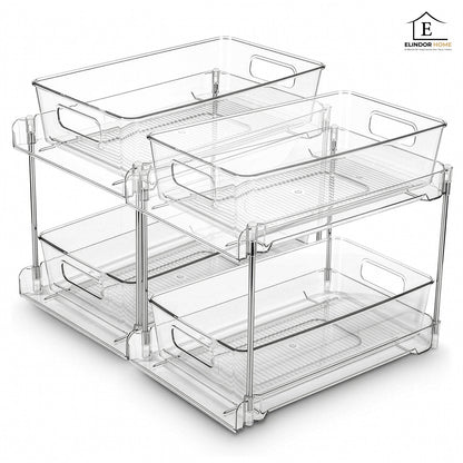 Set 2 Organizatoare Transparente Elindor® cu 2 Nivele, Recipient de Depozitare Multifunctional si Glisant, Organizator pentru Dulapul de sub Chiuveta din Baie si Bucatarie, 30 × 19 × 25.5 cm