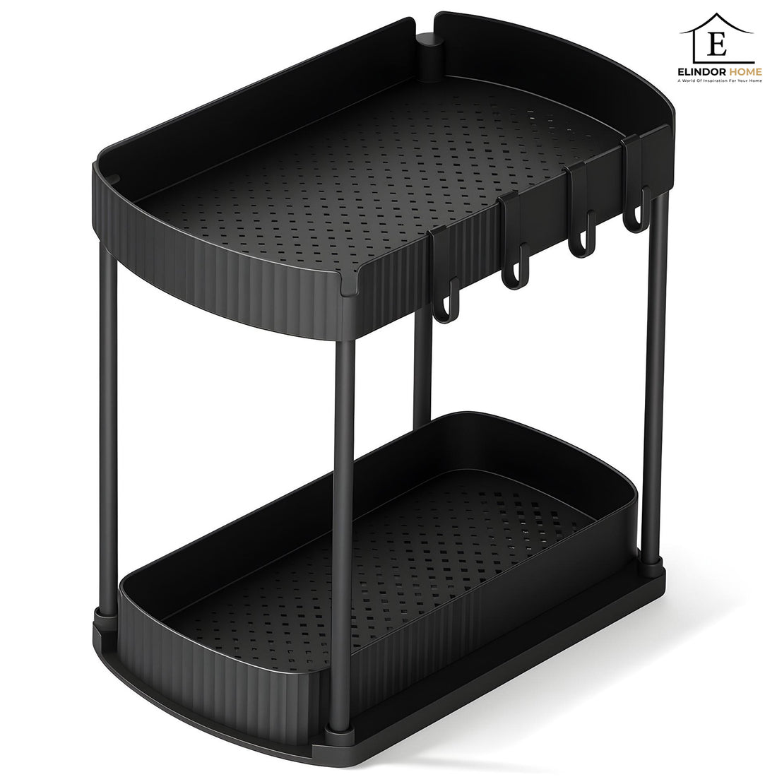 Organizator Elindor® cu 2 Nivele, Recipient de Depozitare Multifunctional si Glisant, Organizator pentru Dulapul de sub Chiuveta din Baie si Bucatarie, 20.3 x 38 x 32.5 cm, Negru