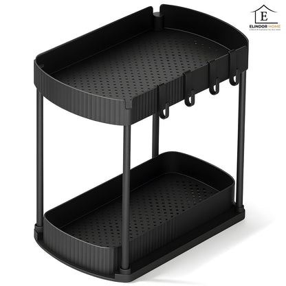 Organizator Elindor® cu 2 Nivele, Recipient de Depozitare Multifunctional si Glisant, Organizator pentru Dulapul de sub Chiuveta din Baie si Bucatarie, 20.3 x 38 x 32.5 cm, Negru
