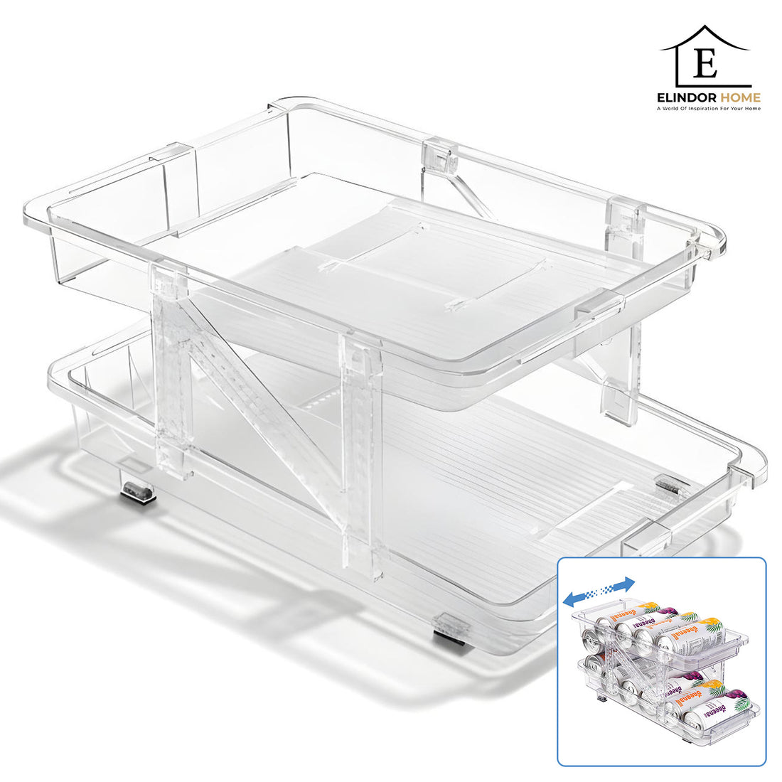 Organizator Bauturi Elindor® pentru Frigider, Dulap sau Blat, 10-11 Doze de 330-500 ml, 2 Nivele, Ajustabil, Antiderapant, Potrivit si pentru Iaurt,32 x 23.5 x 16.5 cm, Transparent