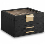 Cutie de Bijuterii Elindor® Organizator pe 3 Niveluri, Sertar x2, Spatiu de Depozitare pentru Inel, Verighete, Lantisoare, Bratari, Cercei, Caseta din Material Catifelat, Design Rafinat, Simplu si Elegant, Piele Ecologica Neagra, 20.3 x 23 x 13.5 cm