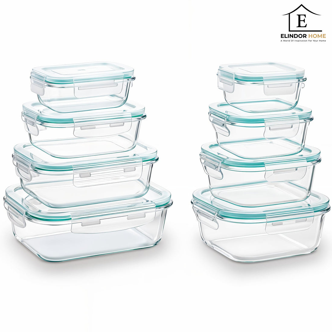 Set de 8 Caserole Elindor® din Sticla, Recipiente Ingrediente pentru Bucatarie, pentru Alimente Uscate, Recipient pentru Depozitare Cafea, Zahar, Paste, Cereale, Capac Etans, Potrivit pentru Congelator, Transparent