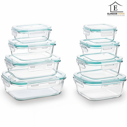 Set de 8 Caserole Elindor® din Sticla, Recipiente Ingrediente pentru Bucatarie, pentru Alimente Uscate, Recipient pentru Depozitare Cafea, Zahar, Paste, Cereale, Capac Etans, Potrivit pentru Congelator, Transparent
