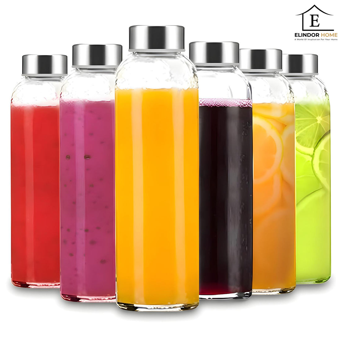 Set 6 Sticle Elindor® cu Capace din Inox, Etanseitate 100%, Ideal pentru Apa, Suc, Smoothie, Ceai, Cafea, Potrivit pentru Frigider, Lavabil, din Sticla fara BPA, 22 x 6 cm, 530 ml, Transparent