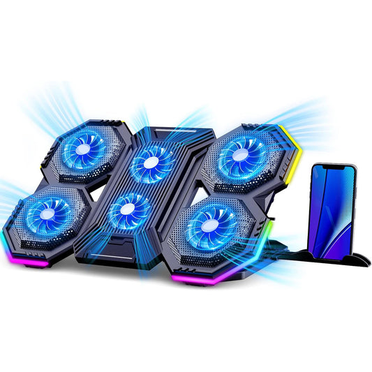 Cooler Laptop Gaming RGB Elindor® Suport cu Unghi Reglabil, Suport pentru Telefon, Dimensiuni Compatabile 12-17 Inch, 6 Ventilatoare Puternice si Silentioase 20dB, Viteza Ajustabila, 2 Porturi USB, pentru Birou, Calatorii, 40 x 27 x 3.6 cm, Negru