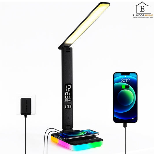 Lampa de Birou Elindor® Negara cu LED Integrat, Incarcare USB, cu Incarcare Rapida Telefon, 3 Moduri Lumina Camera Rece/Cald, Comanda prin Buton, Veioza Pliabila cu Brat Reglabil, Compacta si Portabila, pentru Birou, Dormitor, Hol, Living, 36.5 cm