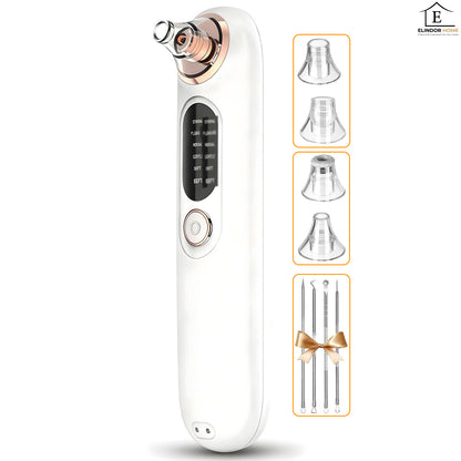 Aspirator Puncte Negre Elindor® 5 Trepte de Aspirare si Extractie pentru Fata, 4 Capete de Schimb, Tehnologie Vacuum pentru Ingrijire Ten, Extractor Sebum si Cosuri, Aparat Reincarcabil USB pentru Ingrijirea Tenului, Alb