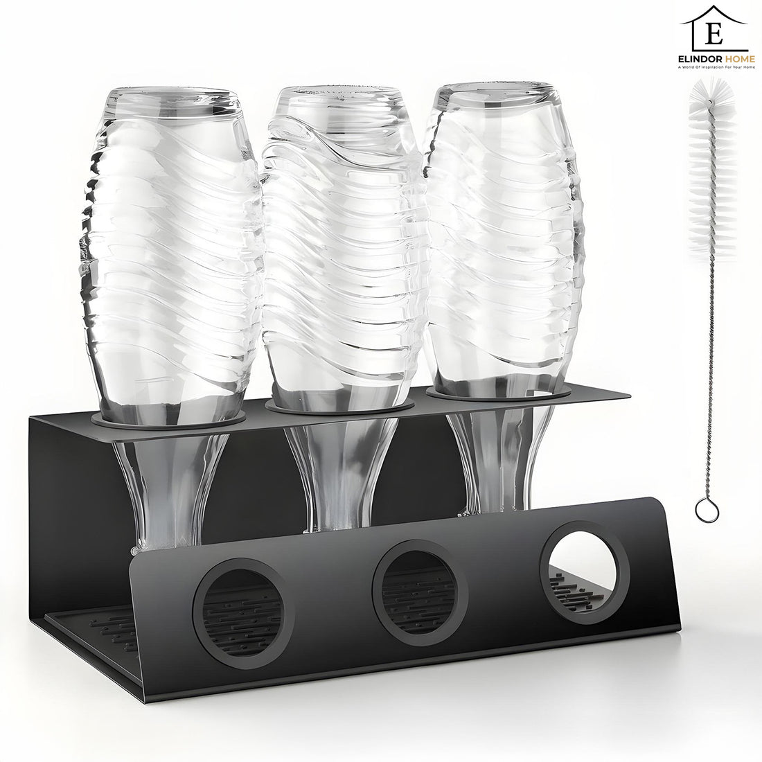 Scurgator de Sticle Elindor® cu 3 Orificii, Suport Scurgere Capace, Otel Inoxidabil, Ideal pentru Chiuveta in Bucatarie, Bar, cu Scurgere Automata si Ventilatie Completa, Multifunctional, 11.3 x 13.3 x 30 cm, Negru