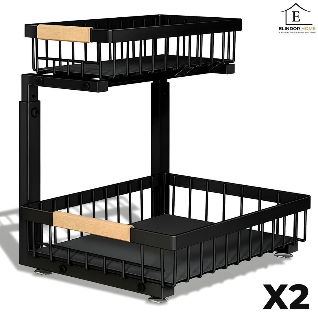 Organizator Multifunctional Elindor® pe 2 Nivele, 2x Sertar Glisant, Montat pe Blat sau in Dulap sub Chiuveta, Suport Metalic Organizare, pentru Bucatarie, Baie, Camara, Bar, Raft cu Sertare Depozitare Legume, Detergenti, Parfumuri, 40×30×43 cm, Negru