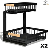 Organizator Multifunctional Elindor® pe 2 Nivele, 2x Sertar Glisant, Montat pe Blat sau in Dulap sub Chiuveta, Suport Metalic Organizare, pentru Bucatarie, Baie, Camara, Bar, Raft cu Sertare Depozitare Legume, Detergenti, Parfumuri, 40×30×43 cm, Negru