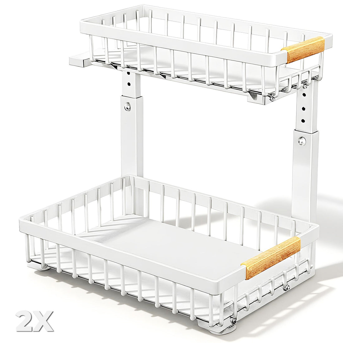 Organizator Multifunctional Elindor® pe 2 Nivele, 2x Sertar Glisant, Montat pe Blat sau in Dulap sub Chiuveta, Suport Metalic Organizare, pentru Bucatarie, Baie, Camara, Bar, Raft cu Sertare Depozitare Legume, Detergenti, Parfumuri, 40.×30×43 cm, Alb