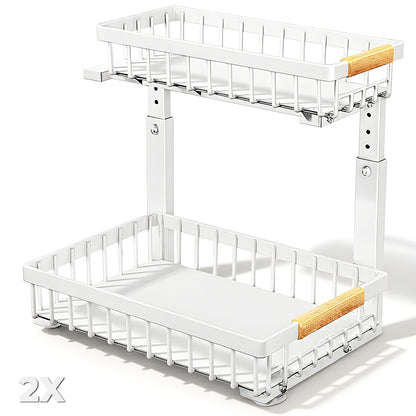 Organizator Multifunctional Elindor® pe 2 Nivele, 2x Sertar Glisant, Montat pe Blat sau in Dulap sub Chiuveta, Suport Metalic Organizare, pentru Bucatarie, Baie, Camara, Bar, Raft cu Sertare Depozitare Legume, Detergenti, Parfumuri, 40.×30×43 cm, Alb