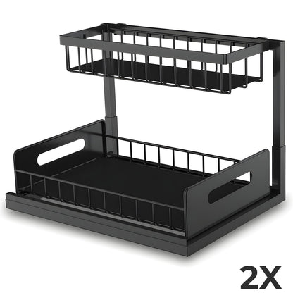 Organizator Multifunctional Elindor® 2 Nivele, pe Blat / in Dulap sub Chiuveta, Sertar Glisant, Suport Metalic Organizare, Ideal pentru Bucatarie, Baie, Camara, Bar, Raft cu Sertare Depozitare Legume, Fructe, Detergenti, Parfumuri, 36.2 x 27 x 28.5, Negru
