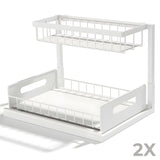 Organizator Multifunctional Elindor® 2 Nivele, pe Blat / in Dulap sub Chiuveta, Sertar Glisant, Suport Metalic Organizare, Ideal pentru Bucatarie, Baie, Camara, Bar, Raft cu Sertare Depozitare Legume, Fructe, Detergenti, Parfumuri, 36 x 27 x 28.5, Alb