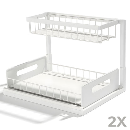 Organizator Multifunctional Elindor® 2 Nivele, pe Blat / in Dulap sub Chiuveta, Sertar Glisant, Suport Metalic Organizare, Ideal pentru Bucatarie, Baie, Camara, Bar, Raft cu Sertare Depozitare Legume, Fructe, Detergenti, Parfumuri, 36 x 27 x 28.5, Alb