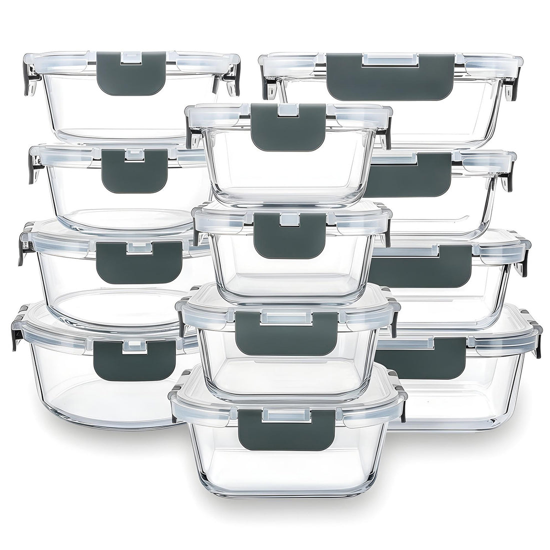 Set de 12 Caserole Elindor® din Sticla, Recipiente Ingrediente pentru Bucatarie, pentru Alimente Uscate, Recipient pentru Depozitare Cafea, Zahar, Paste, Cereale, Capac Etans, Potrivit pentru Congelator Transparent