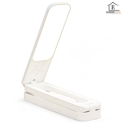 Lampa de Birou Elindor® Alba cu LED Integrat, Incarcare USB si cu Acumulator, 3 Moduri Lumina Camera Rece/Cald, Comanda prin Buton, Veioza Pliabila cu Brat Reglabil, Compacta si Portabila, pentru Birou, Dormitor, Hol, Living, 21 × 42 × 5 cm