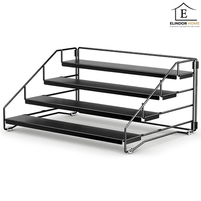 Organizator Condimente Elindor® pe 4 Niveluri, Suport Organizare, pe Blat sau in Dulap, sub Chiuveta, Suport Metalic, pentru Bucatarie, Baie, Camara, Bar, Raft cu Sertare Depozitare Condimente, 25.5 × 34 × 16 cm, Negru