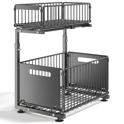 Organizator Elindor® cu 2 Nivele, Recipient de Depozitare Multifunctional si Glisant, Organizator pentru Dulapul de sub Chiuveta din Baie si Bucatarie, 38 × 26.5 × 41–48.5 cm, Negru