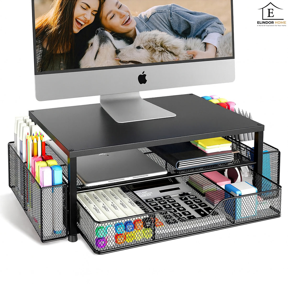 Suport Birou Elindor® pentru Monitor sau Laptop, Organizator Universal, Multifunctional, Antiderapant, Spatiu Lateral Pixuri, Sertar Glisant, pentru Masa, Ideala la Munca sau Acasa, 40 x 24 x 16 cm, Negru