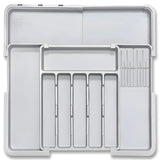 Organizator Extensibil Elindor® pentru Tacamuri si Ustensile de Bucatarie, 9 Compartimente, Sertar Extensibil 36.8-48.3 cm si 33.5 – 55.9 cm, Suport Ajustabil pentru Cutite, Linguri, Furculite, Gri