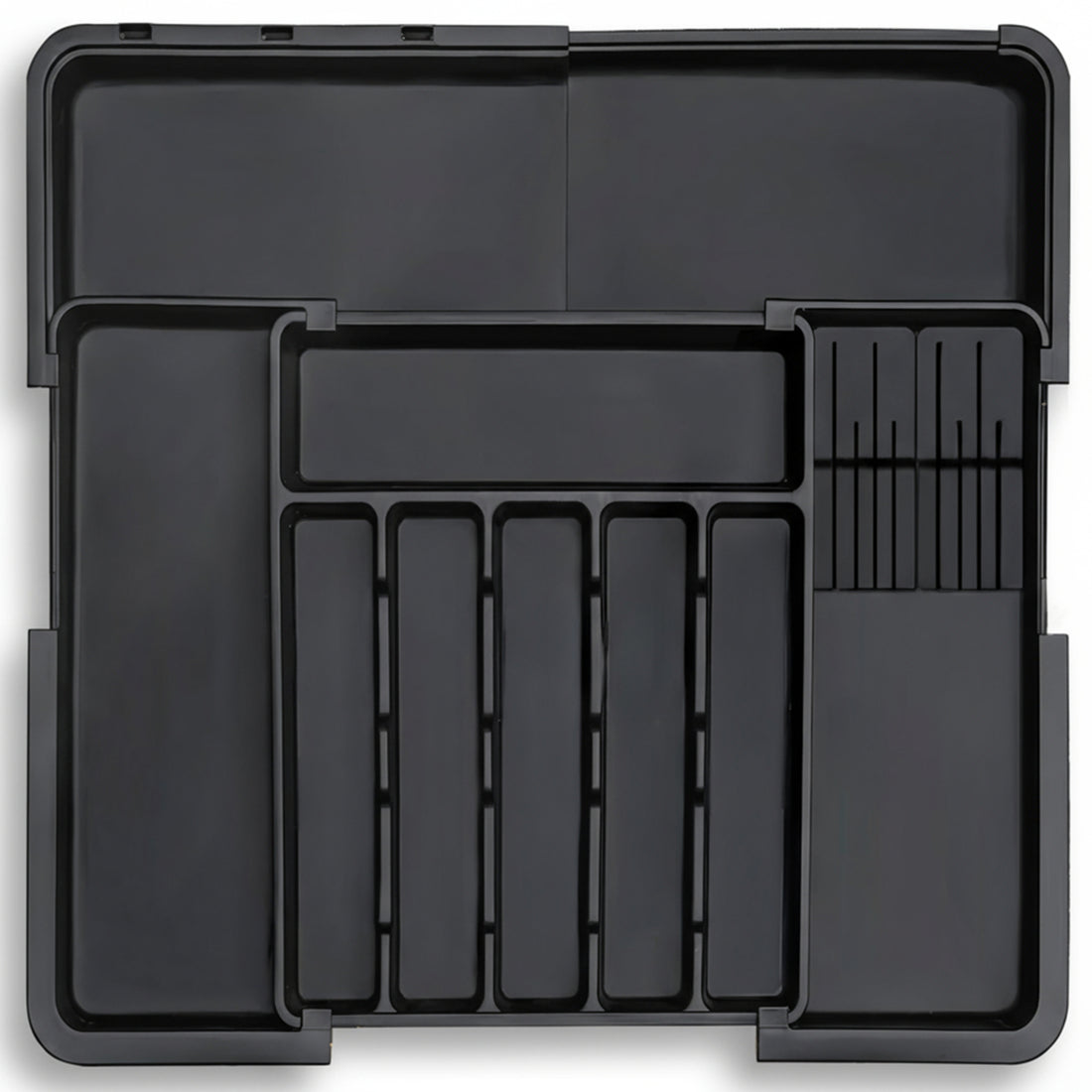 Organizator Extensibil Elindor® pentru Tacamuri si Ustensile de Bucatarie, 9 Compartimente, Sertar Extensibil 36.8-48.3 cm si 33.5 – 55.9 cm, Suport Ajustabil pentru Cutite, Linguri, Furculite, Negru