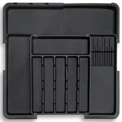 Organizator Extensibil Elindor® pentru Tacamuri si Ustensile de Bucatarie, 9 Compartimente, Sertar Extensibil 36.8-48.3 cm si 33.5 – 55.9 cm, Suport Ajustabil pentru Cutite, Linguri, Furculite, Negru