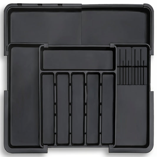 Organizator Extensibil Elindor® pentru Tacamuri si Ustensile de Bucatarie, 9 Compartimente, Sertar Extensibil 36.8-48.3 cm si 33.5 – 55.9 cm, Suport Ajustabil pentru Cutite, Linguri, Furculite, Negru