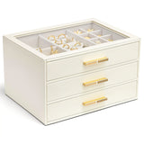 Cutie de Bijuterii Elindor® Organizator pe 3 Niveluri, Sertar x3, Spatiu de Depozitare pentru Inel, Verighete, Lantisoare, Bratari, Cercei, Caseta cu Design Rafinat, Simplu si Elegant, Piele Ecologica Alba, 18x25x15 cm