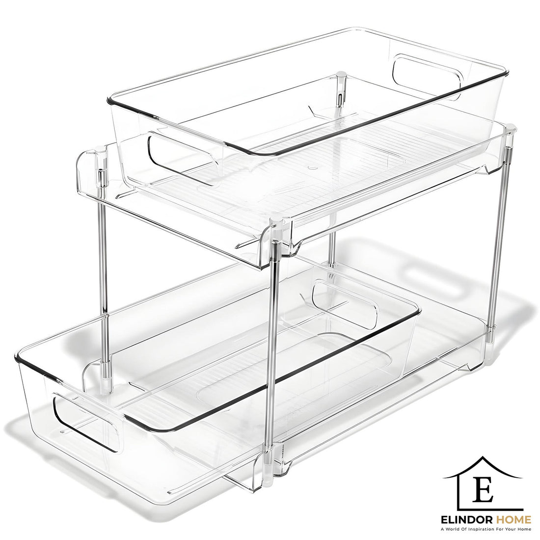 Organizator Transparente Elindor® cu 2 Nivele, Recipient de Depozitare Multifunctional si Glisant, Organizator pentru Dulapul de sub Chiuveta din Baie si Bucatarie, 30 × 19 × 25.5 cm, Acrilic