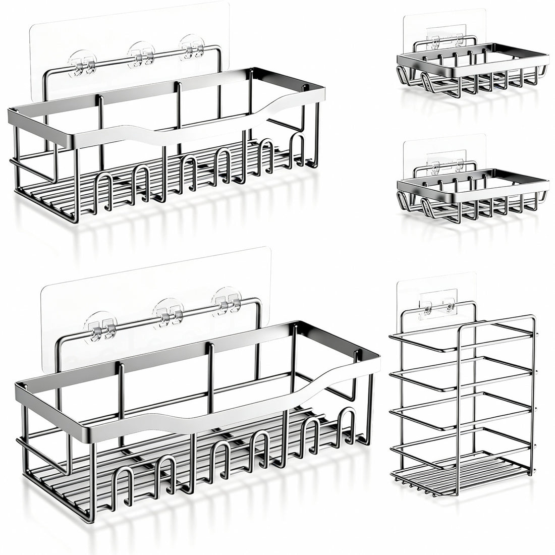 Set 5 Rafturi de Dus Elindor® Polita cu Adeziv, Etajera de Baie, Raft cu Carlige, din Otel Inoxidabil, Suport Prosop si Sapun, Organizator Baie sau Etajere Depozitare in Bucatarie, Accesorii Sanitare, Argintiu