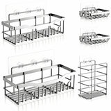 Set 5 Rafturi de Dus Elindor® Polita cu Adeziv, Etajera de Baie, Raft cu Carlige, din Otel Inoxidabil, Suport Prosop si Sapun, Organizator Baie sau Etajere Depozitare in Bucatarie, Accesorii Sanitare, Argintiu